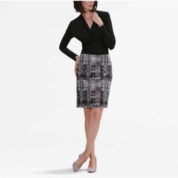 MM LaFleur Skirt Womens 10 Black Noho Scratch Plaid Pencil Classic Modest Zip Up - Picture 1 of 10